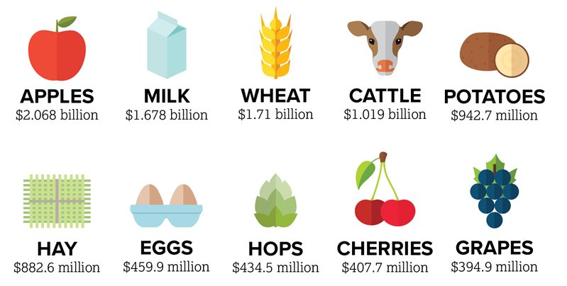 Illustration showing an image and the total dollar value of the top ten commodities