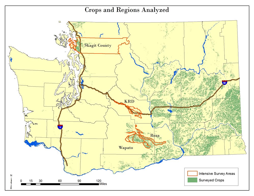 Map of Washington showing the crops and regions assessed in the report on the 2015 drought