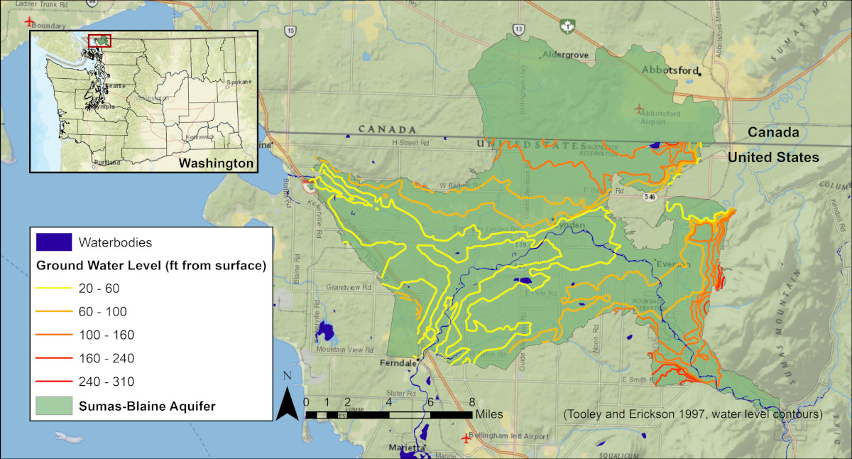 Map showing the extent of the aquifer in Canada and the United States and the depth to groundwater in different regions.